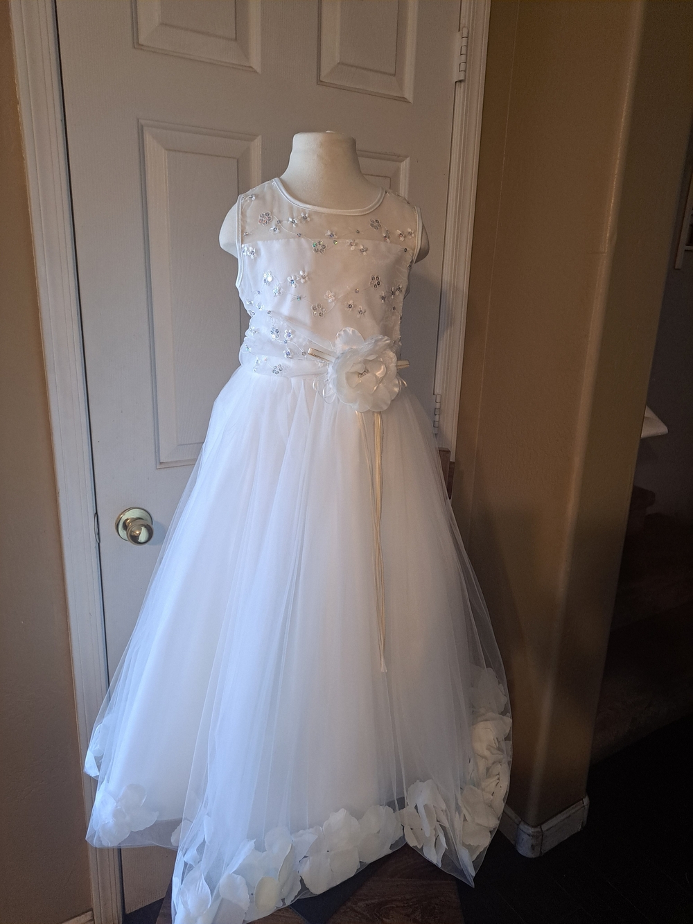 Girls Ivory Tulle Flower Girl Dress with Beaded Bodice